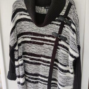 Magnolia, Soft Knit Sweater Jacket with 2 leather closures. Black & White. XXL